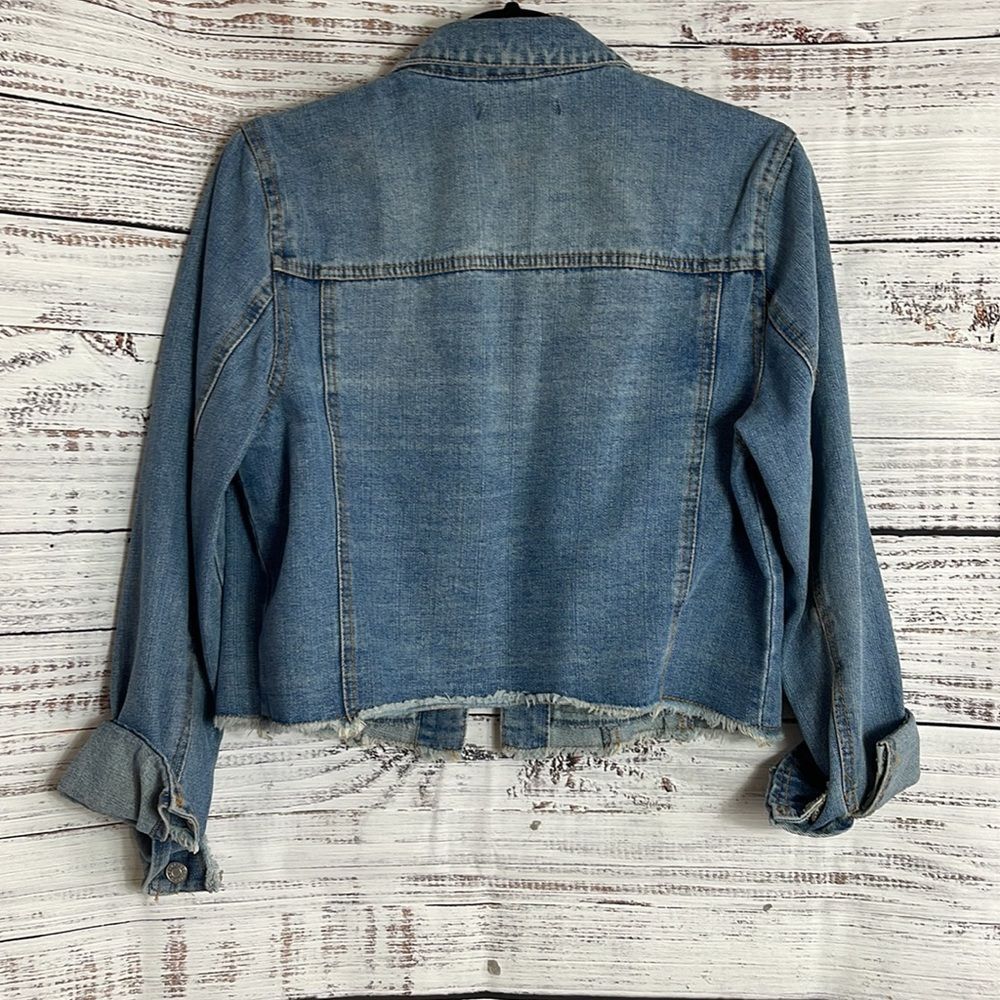 Refuge Denim jacket womens size large long sleeve raw‎ hem cropped cow Girl Blue - Picture 4 of 9